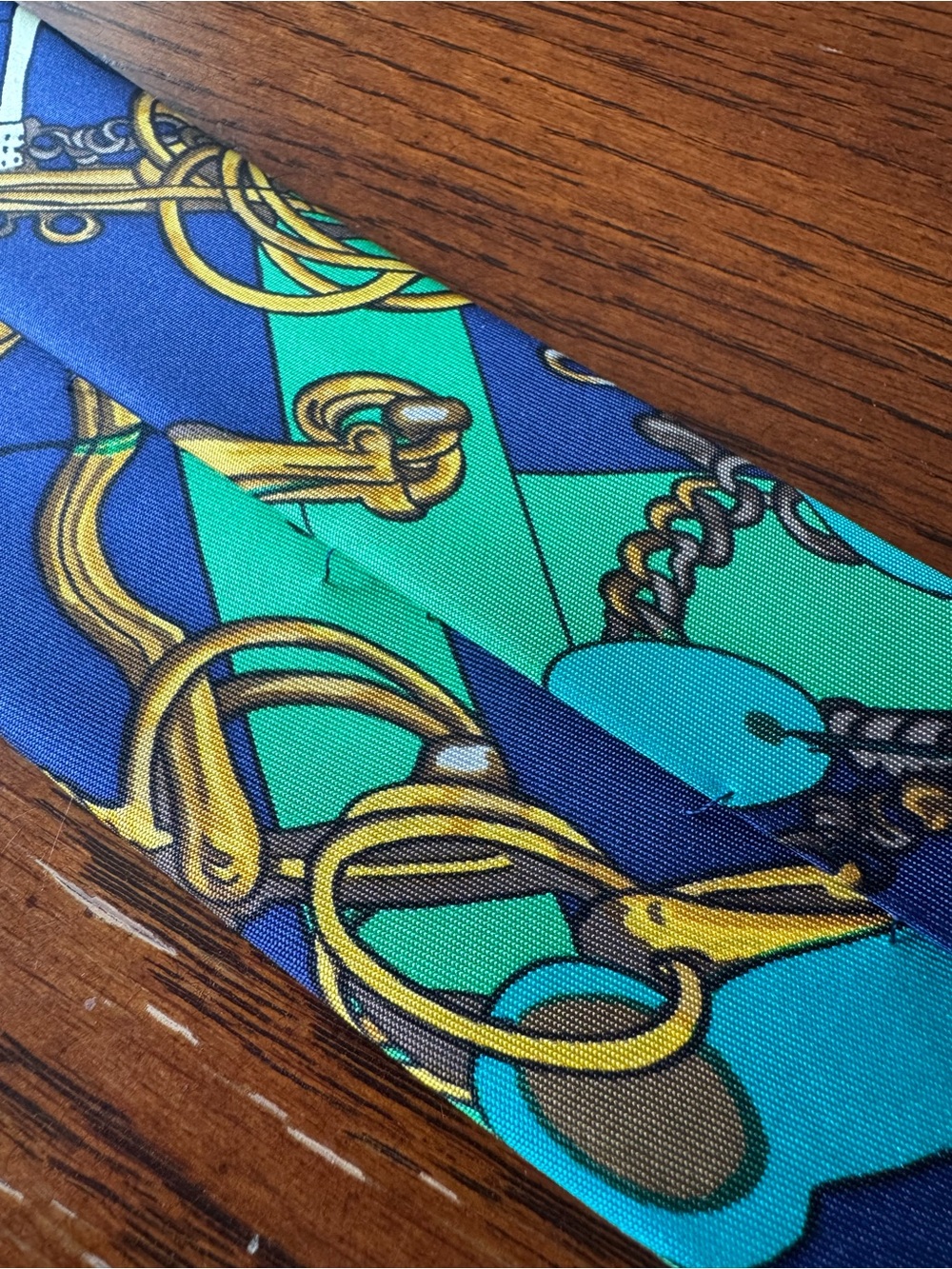 Hermes Paris 100% Silk Neck Tie Green Gold Equestrian Bit Chain Horse - Picture 6 of 7